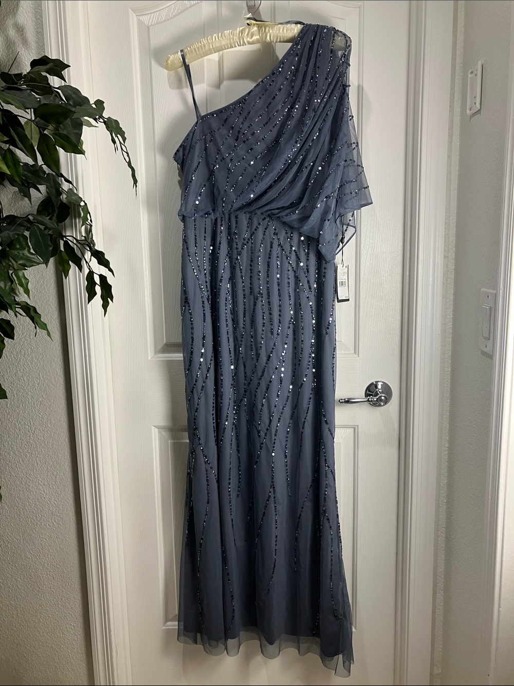 Adrianna Papell Draped One Shoulder Dress With Sequin Detail, 16 Dusty Blue